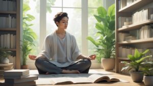 Um espaço de trabalho sereno com uma pessoa meditando, cercada por livros de filosofia e luz natural, destacando a meditação diária e a auto-reflexão.