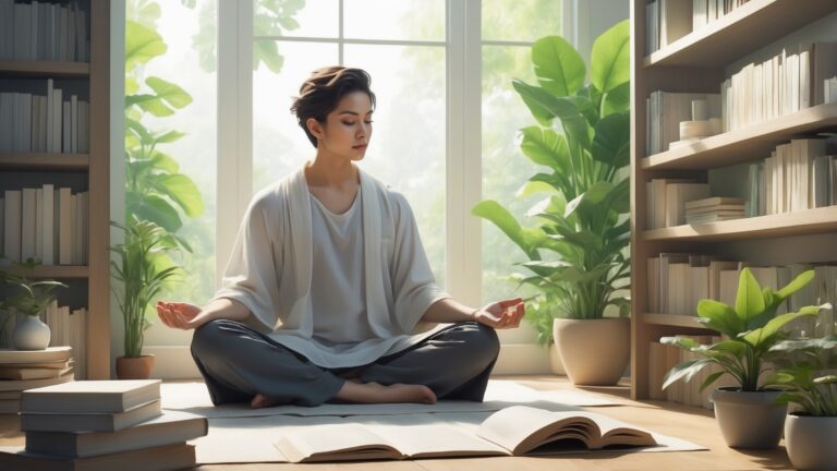 Um espaço de trabalho sereno com uma pessoa meditando, cercada por livros de filosofia e luz natural, destacando a meditação diária e a auto-reflexão.