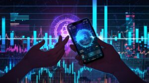 Mãos segurando um smartphone com gráfico de crescimento de criptomoedas em um cenário urbano futurista.