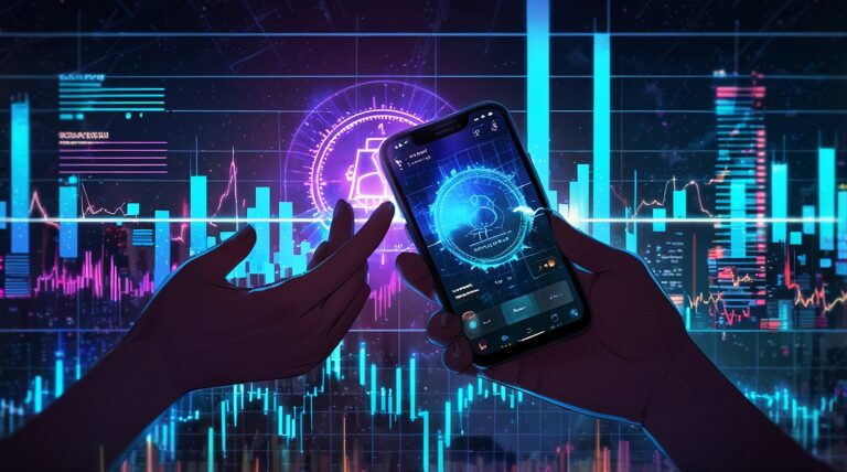 Mãos segurando um smartphone com gráfico de crescimento de criptomoedas em um cenário urbano futurista.
