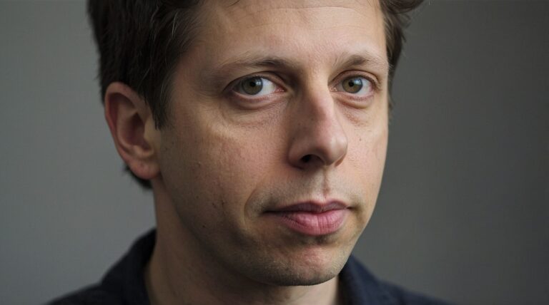 Foto de Sam Altman, CEO da OpenAI, em pose pensativa, demonstrando foco e inteligência na liderança da revolução da inteligência artificial