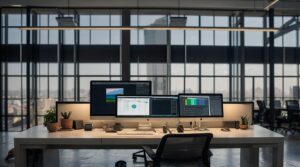 Representação abrangente de técnicas de produtividade com foco visual, visão panorâmica e aplicativos de produtividade em um espaço de trabalho moderno e minimalista.