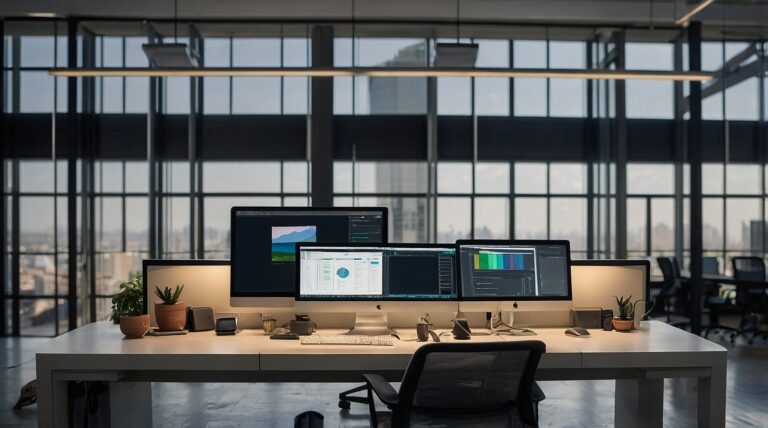 Representação abrangente de técnicas de produtividade com foco visual, visão panorâmica e aplicativos de produtividade em um espaço de trabalho moderno e minimalista.